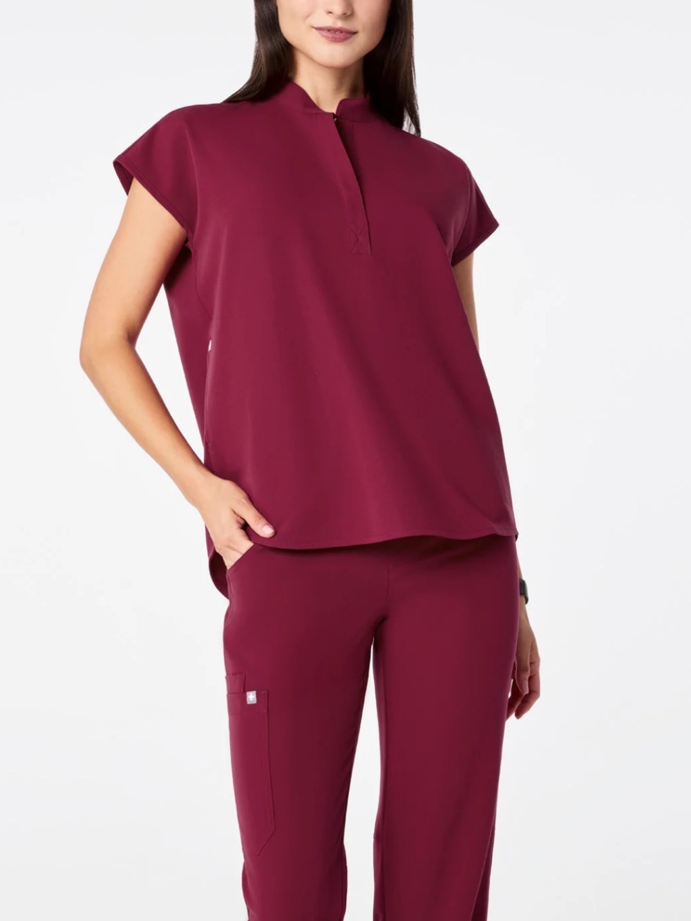 Figs scrub set Rafaela top and Zamora jogger bottoms deep cranberry